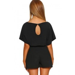 Size is S Black Casual Boat Neck Short Sleeve Plain Belted Romper