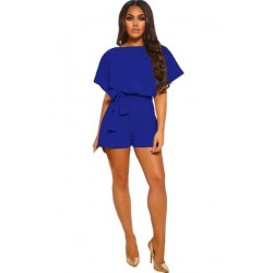 Size is S Blue Casual Boat Neck Short Sleeve Belted Plain Romper