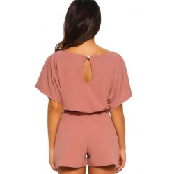 Size is S Pink Casual Boat Neck Short Sleeve Belted Plain Romper