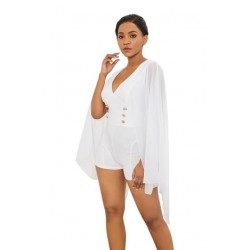 Size is S Double Breasted V Neck Sheer Chiffon Patchwork Plain Romper Whit