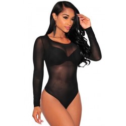 Size is S Sexy Long Sleeve Sheer Mesh Thong Bodysuit Womens  Black