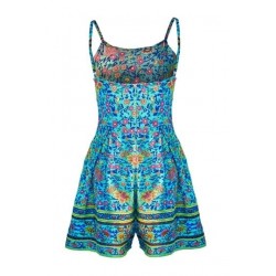 Size is S Sleeveless Spaghetti Straps Pleated Floral Print Romper Blue