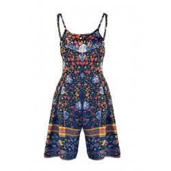 Size is S Sleeveless Spaghetti Straps Pleated Floral Print Romper Navy Blue