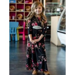 Size is 1T-2T Mommy And Me Bohemia Maxi Dresses Outfits With Flower Black