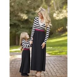 Size is 1T-2T Mommy And Me Ribbed Stripe  Dresses Outfits Black/Burgundy