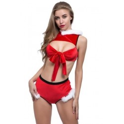 Size is S Sexy Bow Tie Hooded Christmas Miss Santa Costume Red