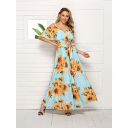 Size is S Ruffle Cold Shoulder Sunflower Tie Waist Slit Maxi Dress Women