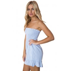 Size is S Blue And White Strapless Ruffle Plaid Tube Romper  Womens