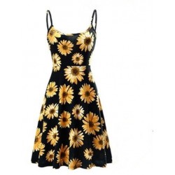 Size is S Women Spaghetti Strap Sunflower Print Midi Dress Yellow Women