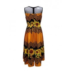 Size is S Vintage Mesh V Neck Sunflower Print Midi Dress Orange Women
