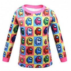 Size is 120cm For Girl Long Sleeve Grid Crew Neck Among Us Sets 2 Pieces Pajamas Pink