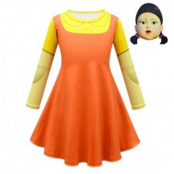 Size is 3T-4T(110cm) For Girl 3T-12T Squid Game 123 robot Girl Yellow Long Sleeve Crew neck Dress With Mask