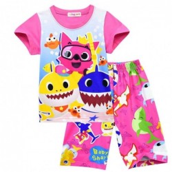 Size is 2T-3T(100cm) Little Girls Baby Shark Print Summer 2 Pieces Nightgown Short Sleeve Crew Neck pink Shorts Set