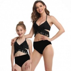 Size is 2T-3T(104cm) Mommy and Me Matching Swimwear 2 Pieces Bikini Tassel Halter Tankini Black