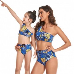 Size is 2T-3T(104cm) Ruffle One Shoulder Mommy and Me Matching Swimwear Blue Floral Print 2 Pieces Bikini Bottom