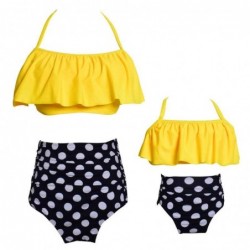 Size is 2T-3T(104cm) Yellow Halter Ruffle Backless 2 Pieces Mommy and Me Tankini Family Matching Swimwear Wave Point Dad Swiming