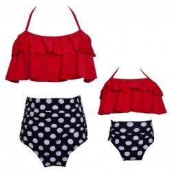 Size is 2T-3T(104cm) Red Halter Ruffle Backless 2 Pieces Mommy and Me Tankini Family Matching Swimwear Wave Point Dad Swiming Sh