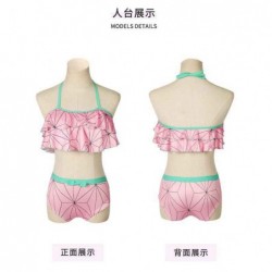 Size is S Adult Women Cosplay Demon Slayer Kamado Nezuko Bikini Halter Ruffle 2 Pieces Swimsuits Pink Beach Swimwear