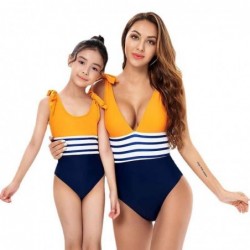 Size is 2T-3T(104cm) Mommy and Me Matching Deep V-Neck 1 Pieces Swimwear Halter Cut Tie Sleeve High Waisted Bikini