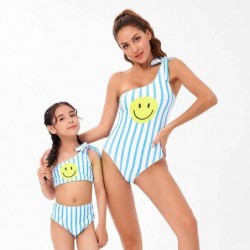 Size is 2T-3T(104cm) Mommy and Me Matching One shoulder Cut Tie 1 Pieces Swimwear Smiley Face High Waisted Stripe Bikini