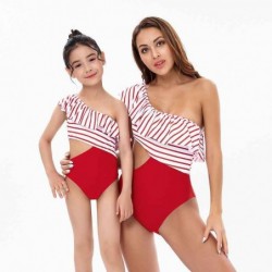 Size is 2T-3T(104cm) Ruffle One Shoulder Cut Out Side 1 Pieces Swimsuits Mommy and Me Matching Red High Waisted Bikini