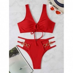 Size is S For Sexy Women Red Metal Ring Bikini High Waisted Swimsuits Crisscross Triangle Bottom