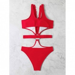 Size is S For Sexy Women Red Ruffle Deep V-Neck Metal Ring 1 Piece Bikini High Waisted Swimsuits