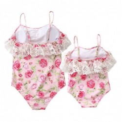Size is S(0.5T-1T) Halter Lace Ruffle Pink Mommy and Me Matching Swimsuits 1 Pieces Swimwear Rose Print High Waisted Bikini