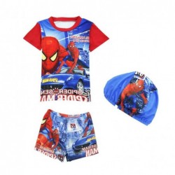 Size is 2T-3T(100cm) Boys Spider Man Print 2 Pieces Blue Swimsuits Short Sleeves Round collar Shorts Set With Cap 2T-10T