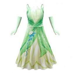 Size is 2T-3T(100cm) Cosplay Princess Tiana One Piece Dresses Halloween Costumes With Gloves For Girls Halter Green Casual Summe