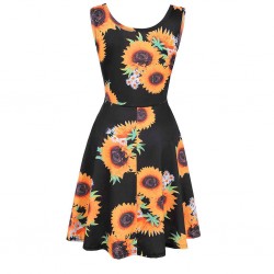 Sleeveless Sunflower Print Drawstring Dress Black Women
